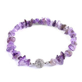 Purple amethyst chip bracelet with irregular polished beads and a sparkling silver-tone ball clasp.