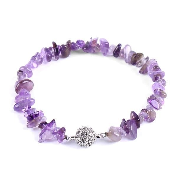 Purple amethyst chip bracelet with irregular polished beads and a sparkling silver-tone ball clasp.