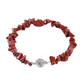 Warm red jasper chip bracelet arranged in a loop with a silver-tone ball clasp.