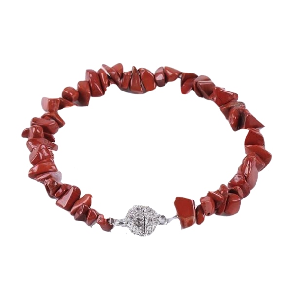 Warm red jasper chip bracelet arranged in a loop with a silver-tone ball clasp.