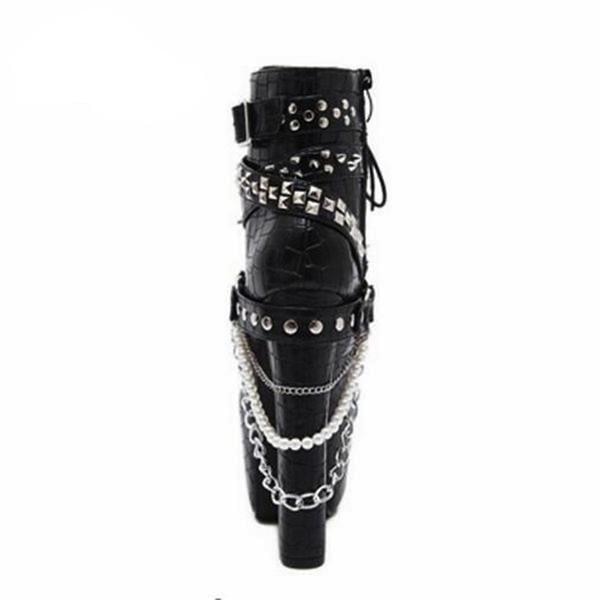 studded chain punk rock motorcycle boots biker ankle booties sky high platform heels silver chain edgy streetwear fashion footwear goth shoes by kawaii babe
