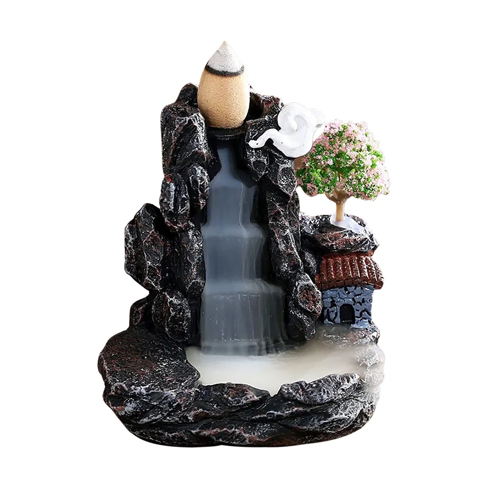 Village backflow incense burner isolated on white, showing the dark mountain form, tiled-roof house, pink blossom tree, cloud detail and stepped basin.