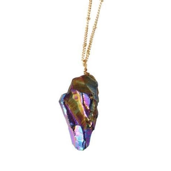 Rainbow Titanium Quartz Aura Quartz Necklace Pendant Crystal Healing Reiki Chakra Gold Jewelry Spiritual by Arcane Trail