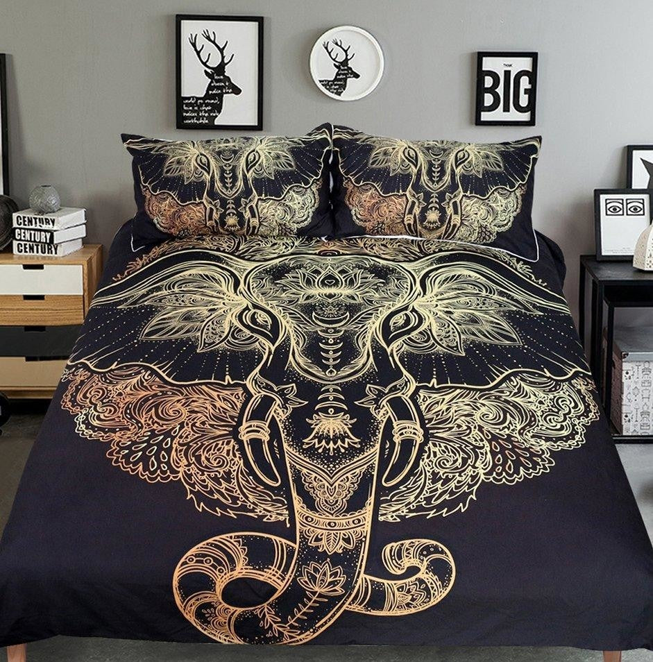 Black Tribal Elephant Mandala Bedroom Set Duvet Cover Bedspread Sheets Pillowcase Spiritual Reiki Chakra Healing Hindu Ganesha by Arcane Trail