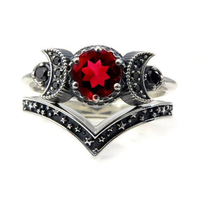 Triple Moon 2 Piece Ring Set - Red / 6 - ring