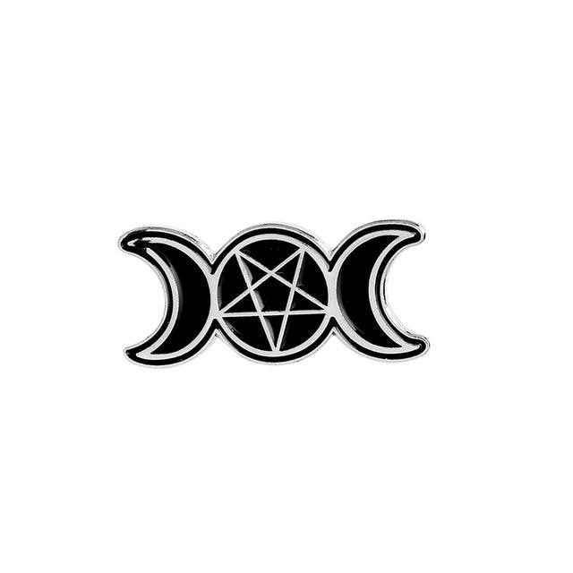 Black triple-moon enamel pin with a silver-tone pentacle inside the central circle and crescent moons at both sides.