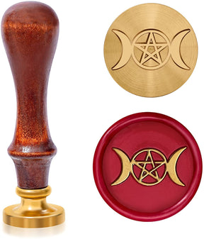 Triple moon wax seal stamp with a wooden handle and a red impression, showing the central star between two crescents.