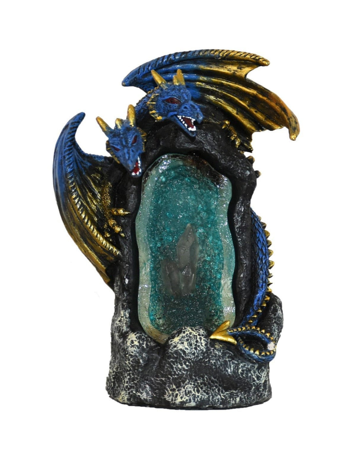 Front view of the twin dragon incense burner without bright illumination, showing textured blue-green cave walls and a dark rock-style base.