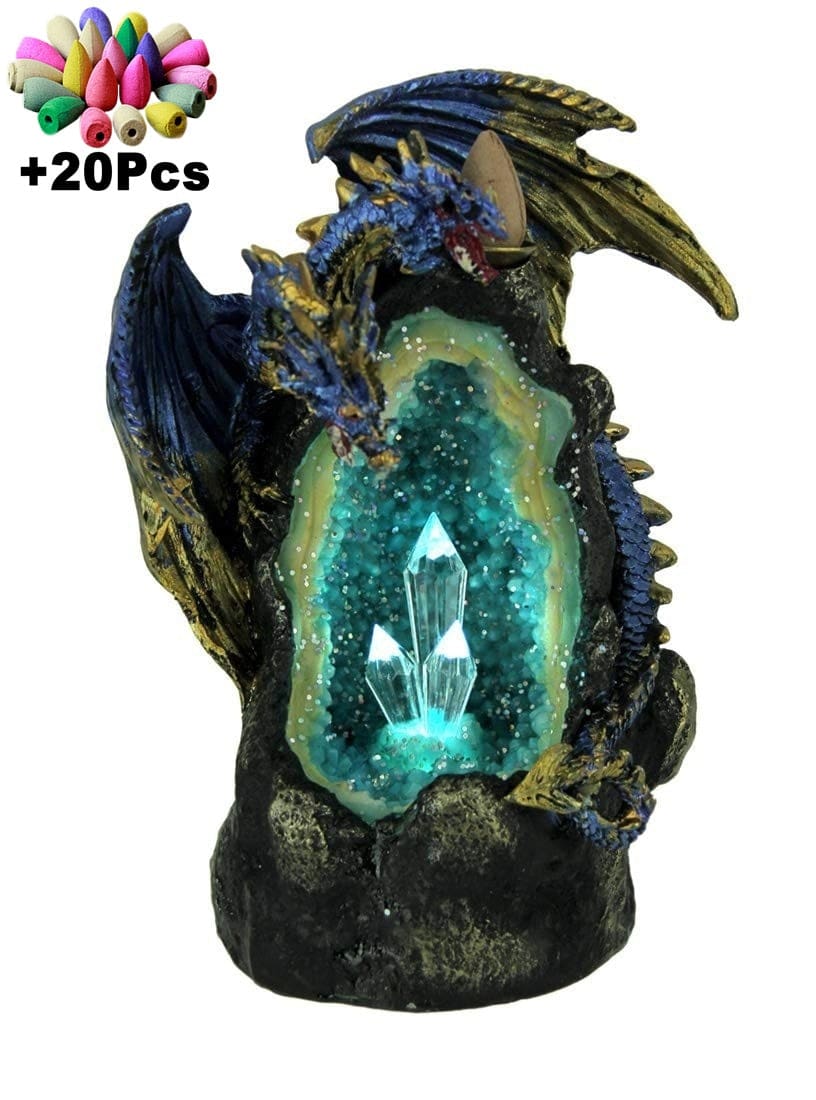 Twin dragon LED cave incense burner pictured with an inset of colourful cones and a 20-piece incense label.