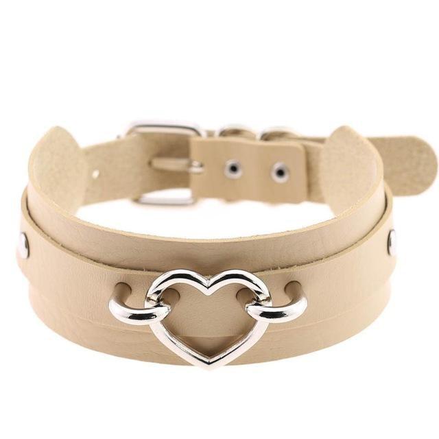 Tan Beige Cream Vegan Leather Heart Choker Collar Necklace Belted BDSM Bondage Kink Fetish