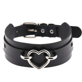 Black Vegan Leather Heart Choker Collar Necklace Belted BDSM Bondage Kink Fetish