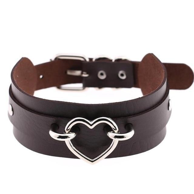 Brown Vegan Leather Heart Choker Collar Necklace Belted BDSM Bondage Kink Fetish