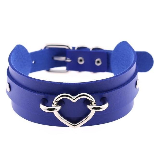 Blue Vegan Leather Heart Choker Collar Necklace Belted BDSM Bondage Kink Fetish