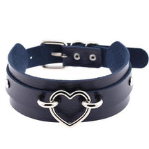 Navy Blue Vegan Leather Heart Choker Collar Necklace Belted BDSM Bondage Kink Fetish