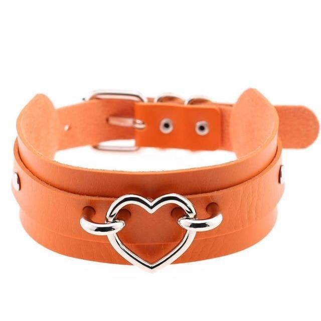 Orange Vegan Leather Heart Choker Collar Necklace Belted BDSM Bondage Kink Fetish