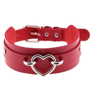Red Vegan Leather Heart Choker Collar Necklace Belted BDSM Bondage Kink Fetish