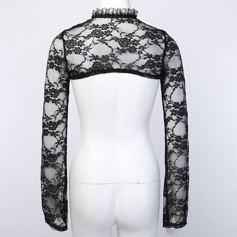 Back view of the black floral lace bolero on a white mannequin, showing its short shoulder-covering body and long gently flared sleeves.
