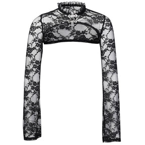 Victorian black lace bolero displayed alone on white, showing its ruffled high neck, two clasps, very short body and long sleeves.