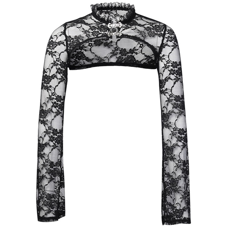 Victorian black lace bolero displayed alone on white, showing its ruffled high neck, two clasps, very short body and long sleeves.