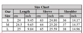 Victorian lace bolero size chart for S, M and L. Lengths are 24, 24.5 and 25 cm; sleeves 63, 64 and 65 cm; shoulders 36, 37 and 38 cm, with inch conversions alongside.