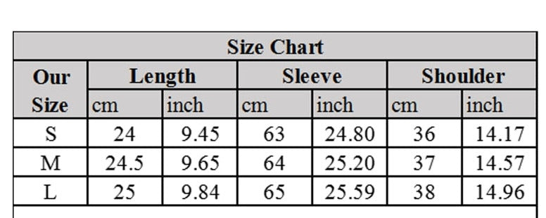 Victorian lace bolero size chart for S, M and L. Lengths are 24, 24.5 and 25 cm; sleeves 63, 64 and 65 cm; shoulders 36, 37 and 38 cm, with inch conversions alongside.