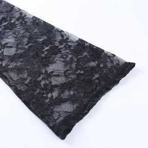 Black lace sleeve shown flat against white, with the floral pattern running toward a gently flared cuff.