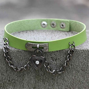 Green Victorian Goth Locket Collar Choker Necklace Vegan Leather Adjustable Lock & Key