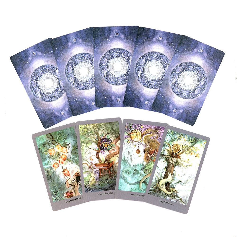 Fanned tarot cards showing violet patterned backs alongside intricate fantasy artwork on the fronts.