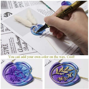 Decorated wax seal example showing contrasting colour added over a stamped design, with explanatory text above the sample.