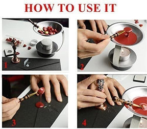 Illustrated wax sealing sequence showing melting, pouring, pressing the stamp and removing it to leave a patterned seal.