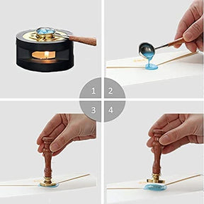 Four-step wax seal diagram showing melted wax being poured, pressed with a stamp and lifted to reveal the impression.