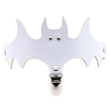White bat garter with sharply outlined wings and small silver-tone details on the face and clip.