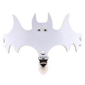White bat garter with sharply outlined wings and small silver-tone details on the face and clip.