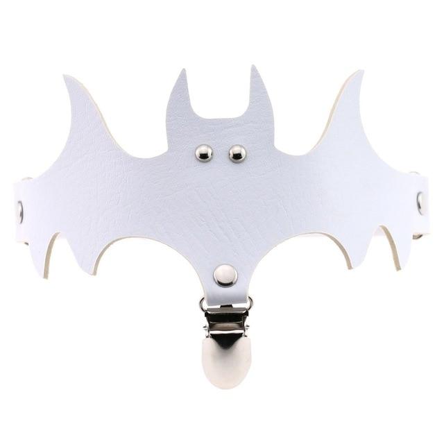 White bat garter with sharply outlined wings and small silver-tone details on the face and clip.