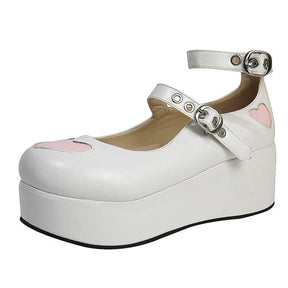 White Matte Big Heart Mary Jane shoe with pink hearts, two buckle straps and a thick white platform wedge.
