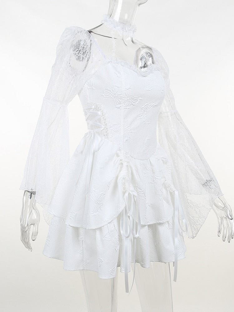 White mini dress on a clear mannequin at an angle, showing the laced side panel, fitted waist and overlapping butterfly-textured skirt layers.
