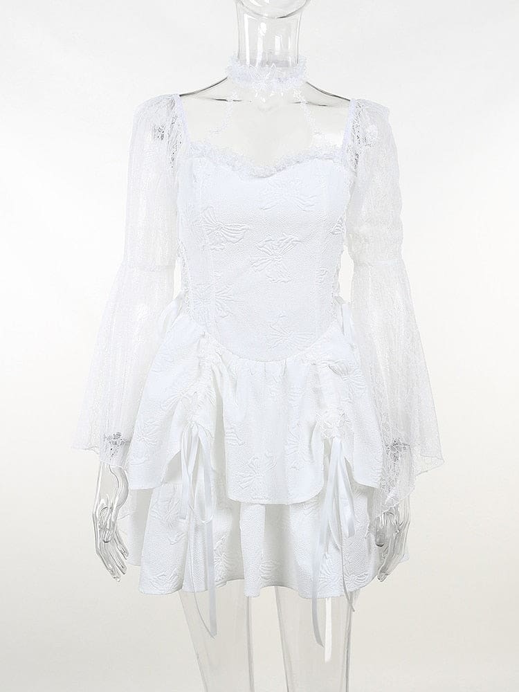 Front view of the white dress on a clear mannequin. Star-patterned choker straps, floral lace sleeves and butterfly details stand out above the layered skirt.