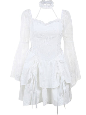 White butterfly-textured mini dress displayed against white, showing the choker straps, long lace bell sleeves and ribbon-gathered skirt without a styled background.