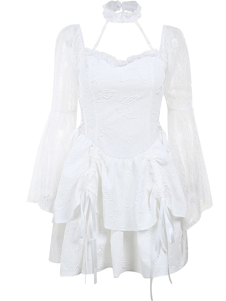White butterfly-textured mini dress displayed against white, showing the choker straps, long lace bell sleeves and ribbon-gathered skirt without a styled background.