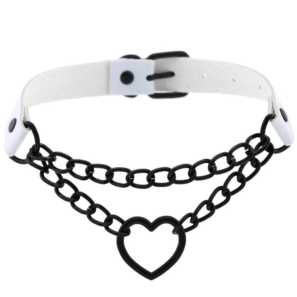 White heart chain choker on a plain background, with the black buckle and adjustment holes visible behind the layered chain front.