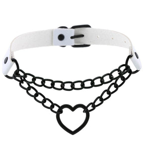 White heart chain choker on a plain background, with the black buckle and adjustment holes visible behind the layered chain front.