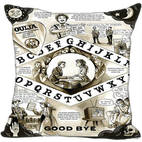 White and beige square Ouija pillow cover with a black illustrated collage of people gathered around boards, alphabet bands and sun-and-moon corners.