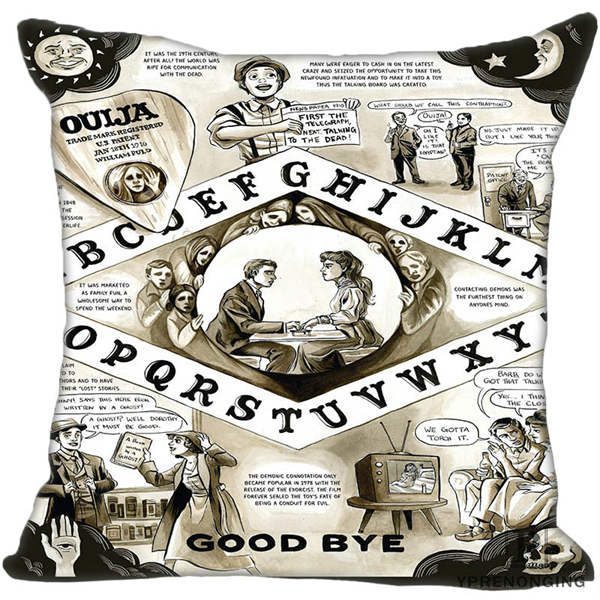 White and beige square Ouija pillow cover with a black illustrated collage of people gathered around boards, alphabet bands and sun-and-moon corners.