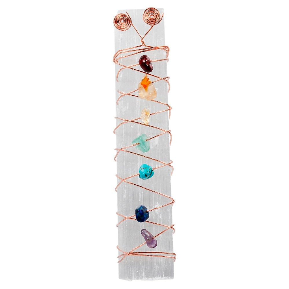 Single white selenite chakra wand shown upright, with copper spirals at the top and colourful stone accents down the front.