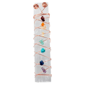 Single white selenite chakra wand shown upright, with copper spirals at the top and colourful stone accents down the front.