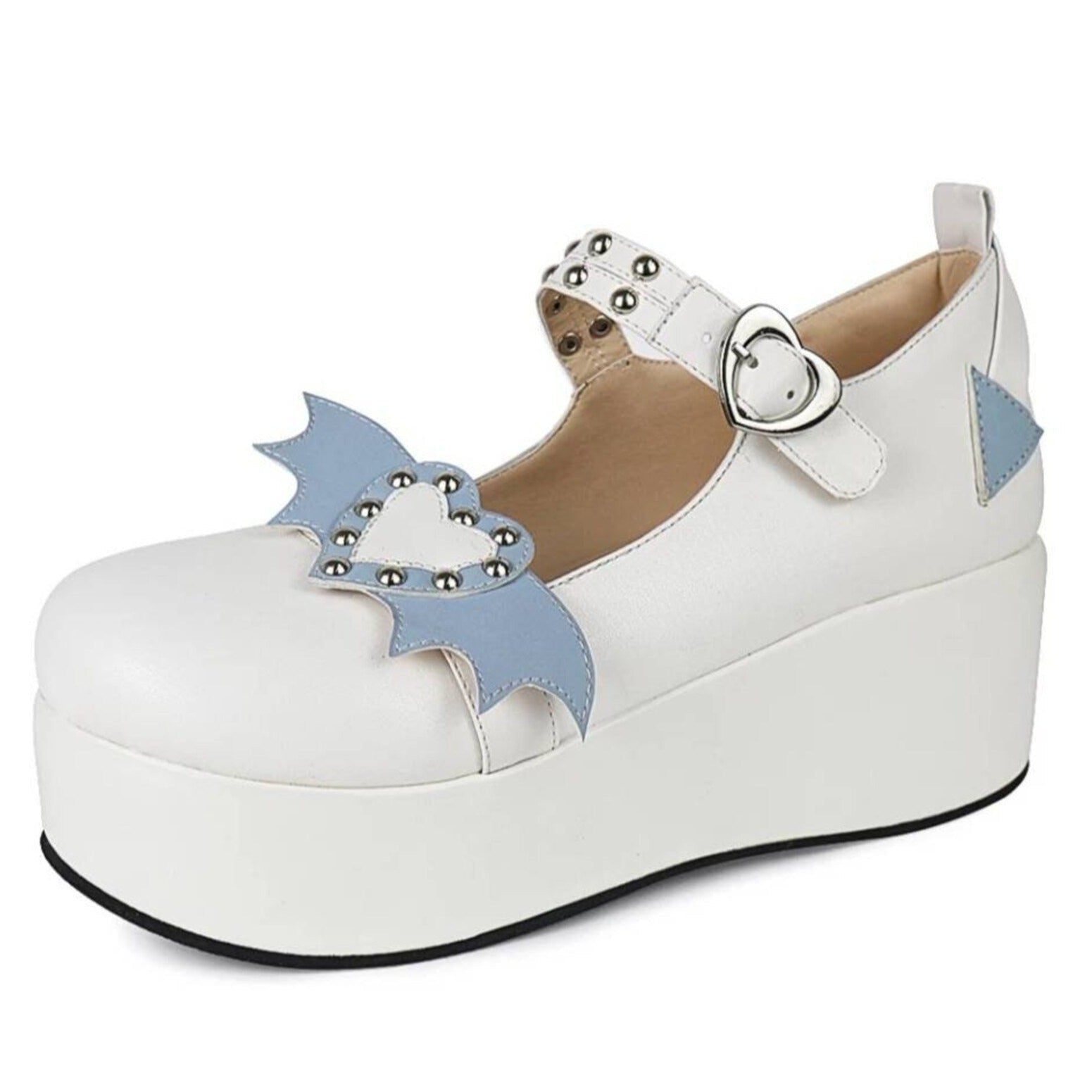 White winged-heart Mary Jane with pale blue bat wings, a studded heart and heart-shaped buckle above a broad white platform sole.