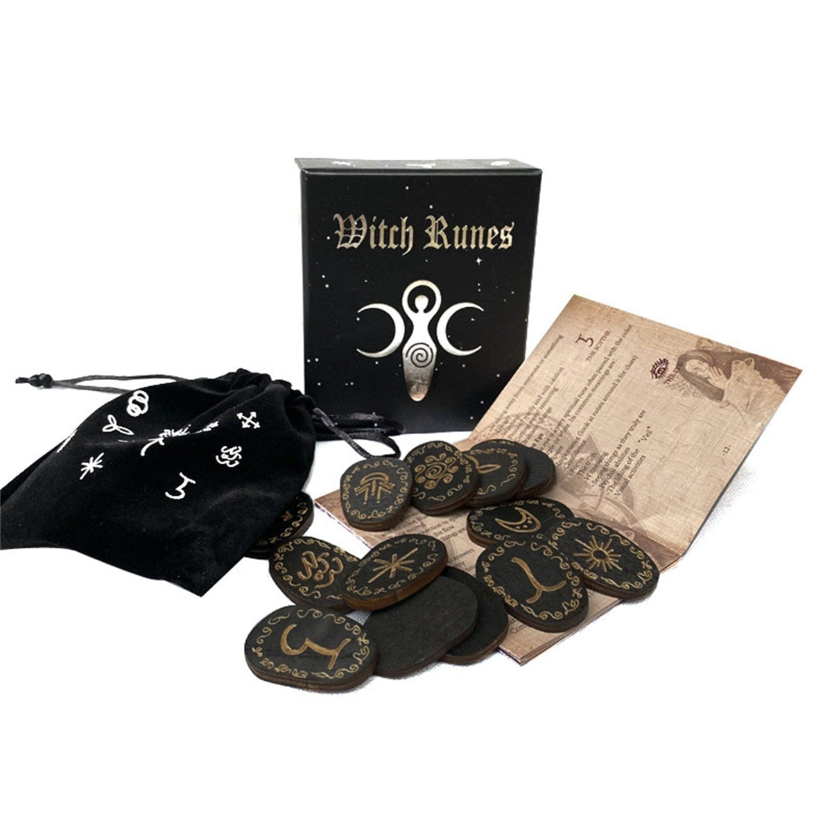 Wooden witch rune set with box pouch and guide