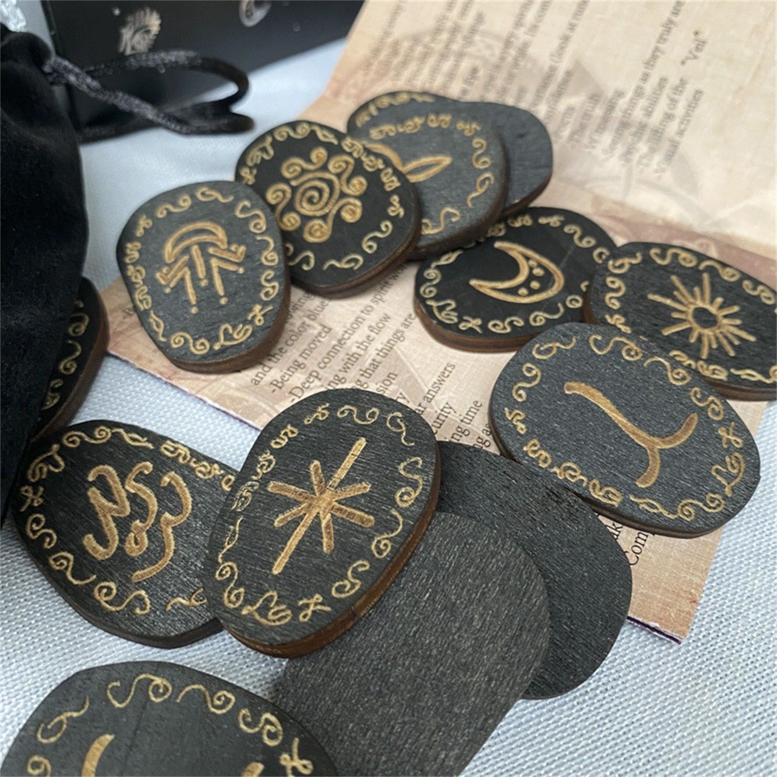 Black gold wooden rune tile pile