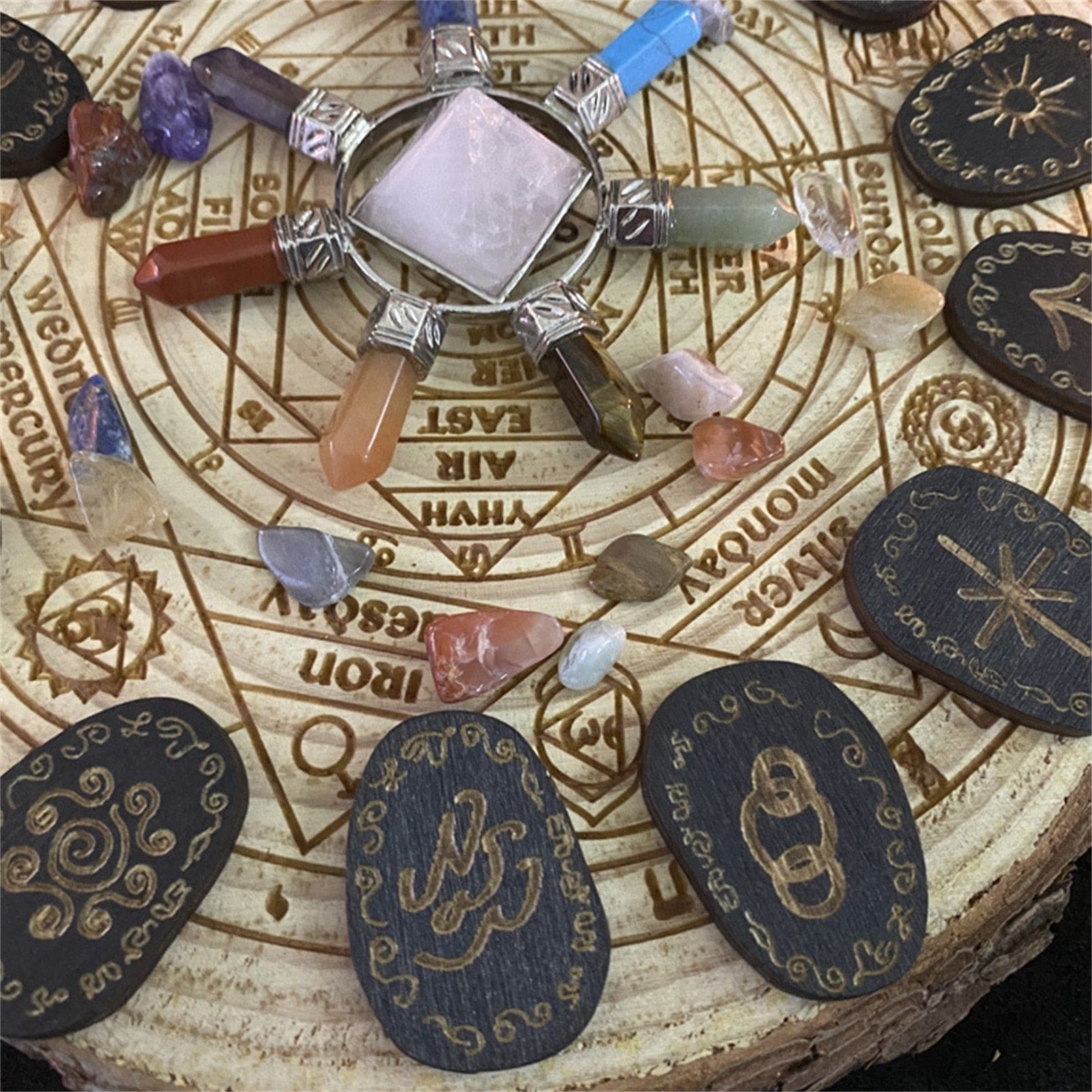 Rune symbols beside crystal display