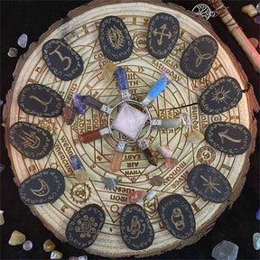 Witch rune tiles styled on a wooden board